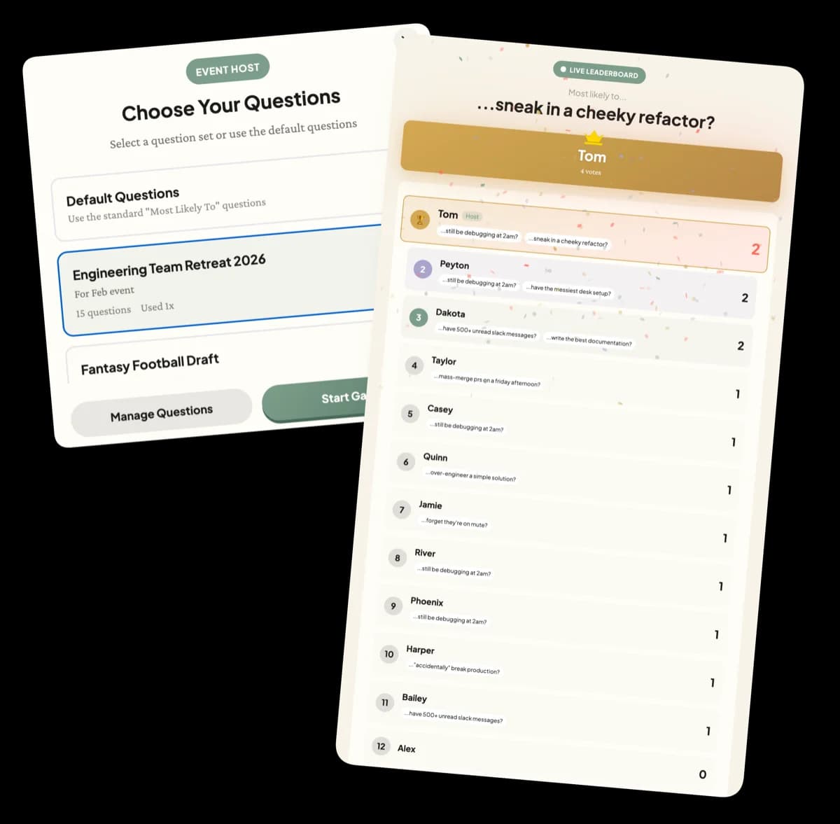 Event Host mode for Most Likely To game showing custom question decks, live spectator view, and real-time leaderboard for corporate events and large parties